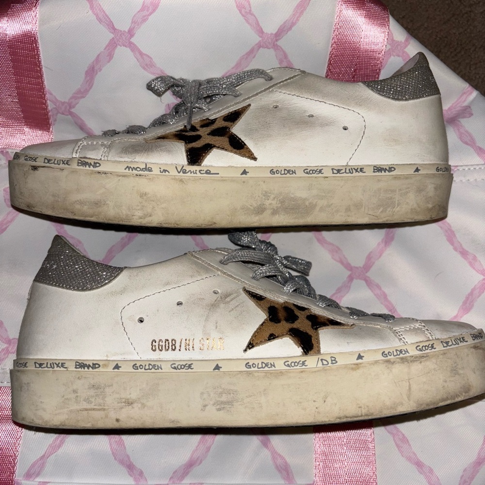 Golden Goose White and Leopard Star Sneakers